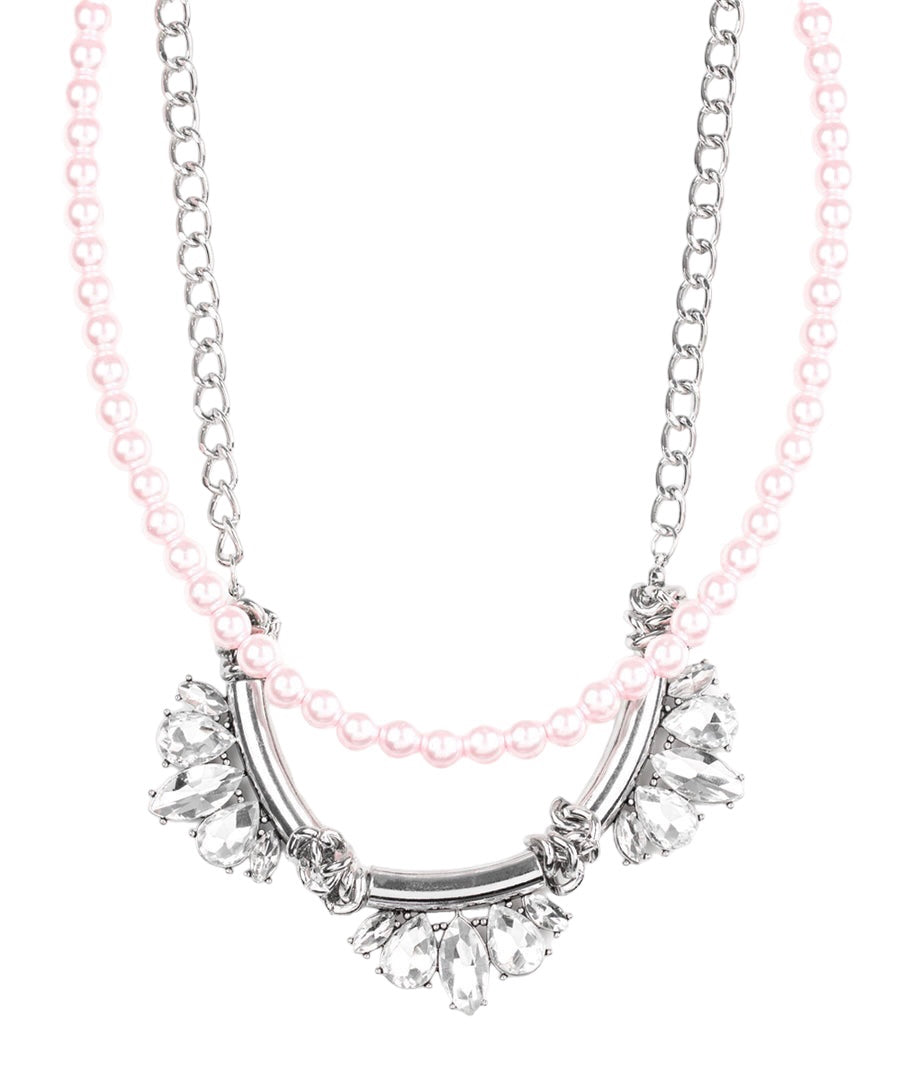 Pink Pearl Bead, Rhinestone Metal Bib Statement Necklace