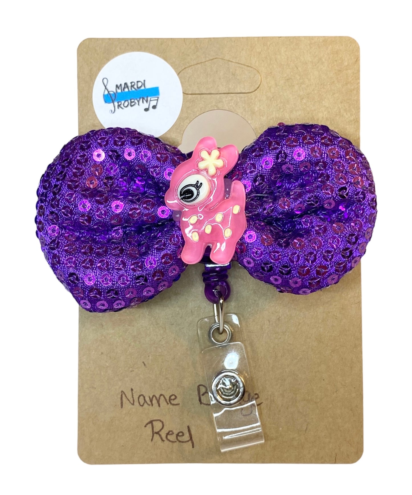 Pink Deer Purple Sequins Bow Name Badge Reel