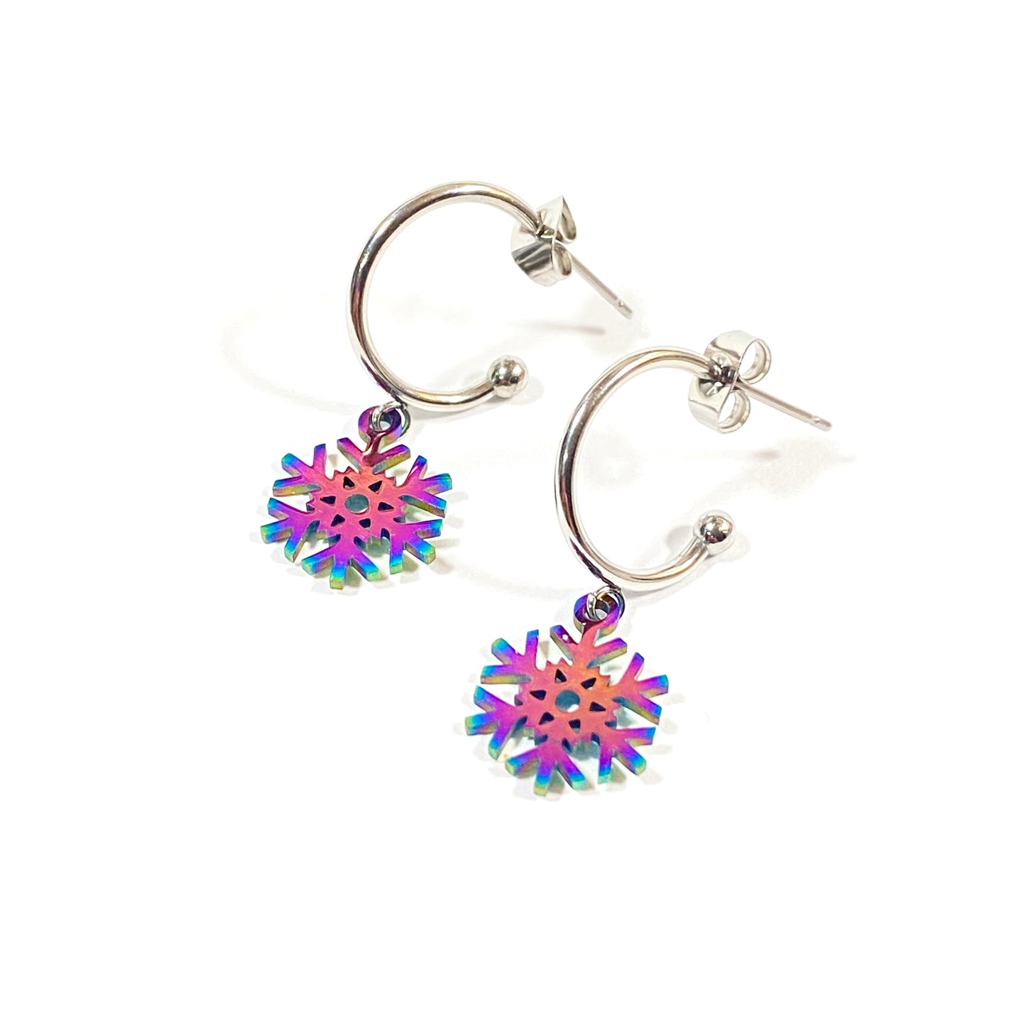 Rainbow Snowflake Stainless Steel Hoop Earrings