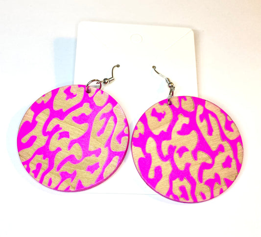 Pink and Brown Wooden Leopard Print Earrings