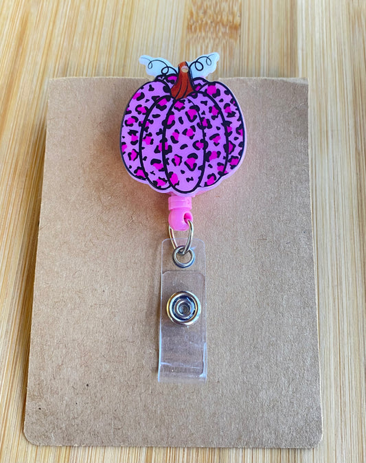 Pink Leopard Print Pumpkin Name Badge Reel