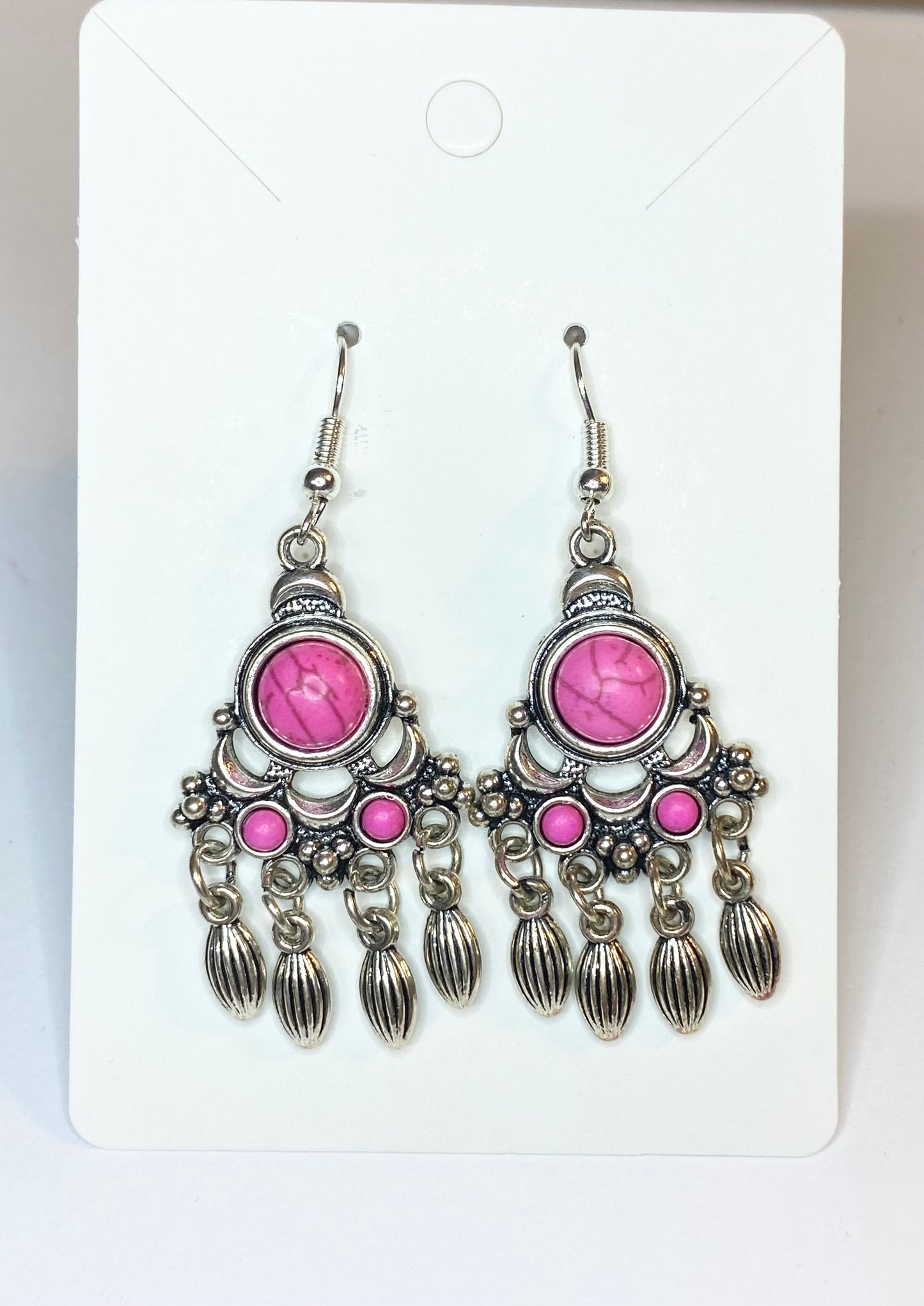 Pink Stone Silver Chandelier Earrings