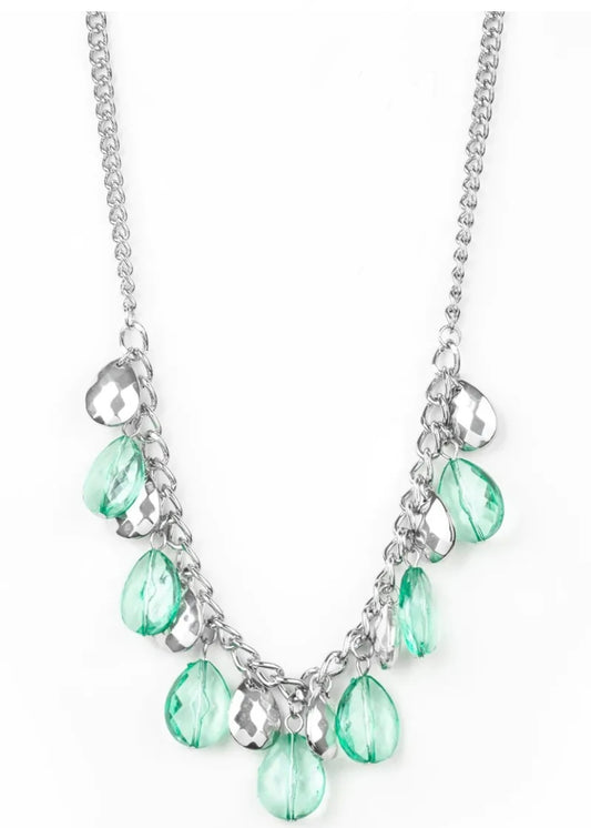Sea Green and Silver Teardrop Charms Necklace