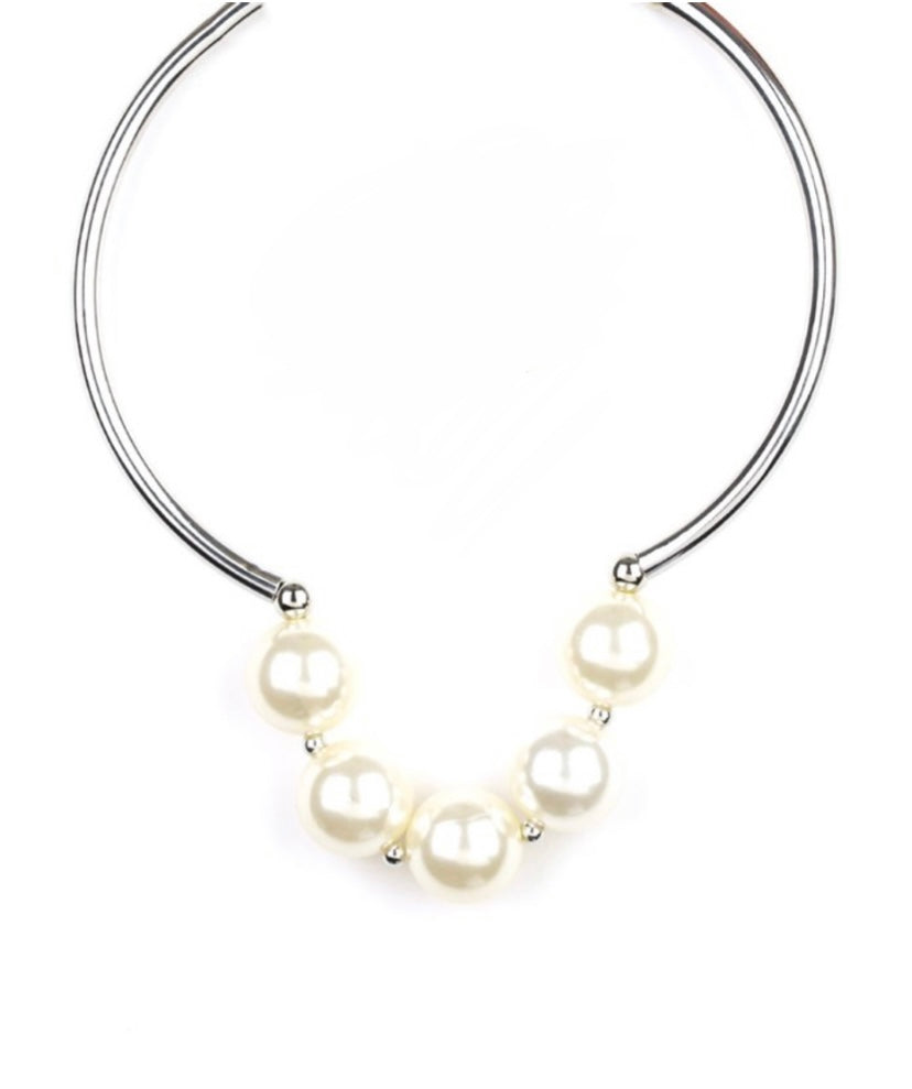 Pearl Bead Silver Choker Necklace