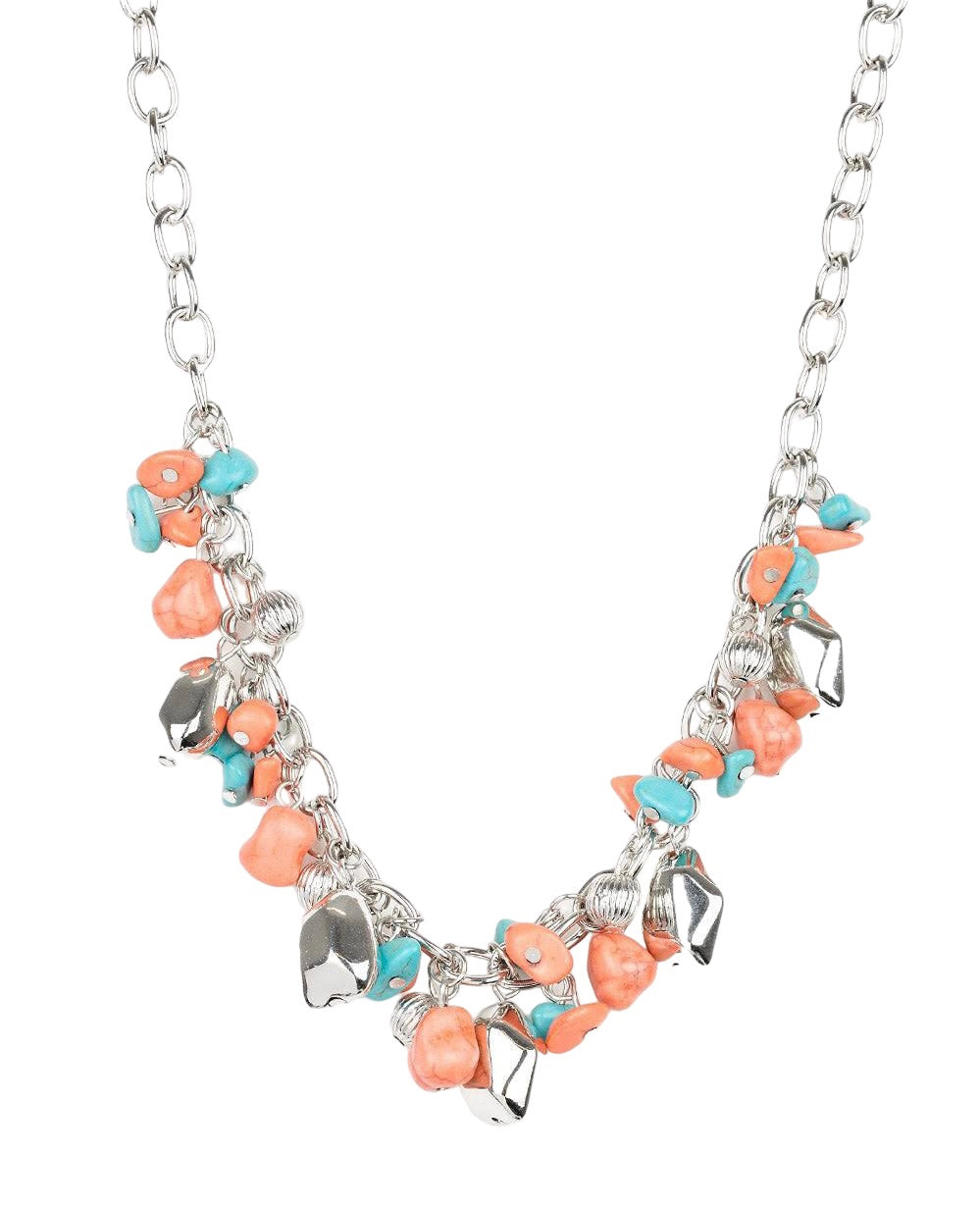Turquoise and Orange Stone Chain Necklace
