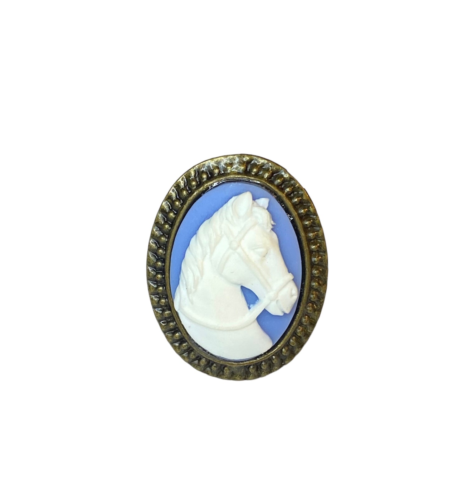 White Horse Blue Cameo Bronze Adjustable Ring