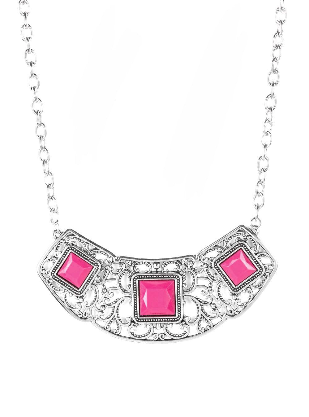 Pink Stone Silver Collar Statement Necklace