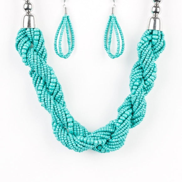 Turquoise Seed Bead Necklace and Earrings Set