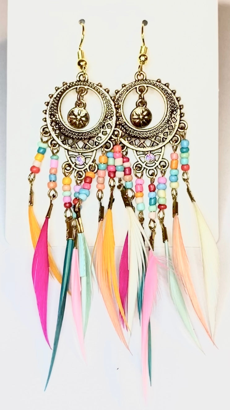 Multicolor Beaded Feather Chandelier Earrings