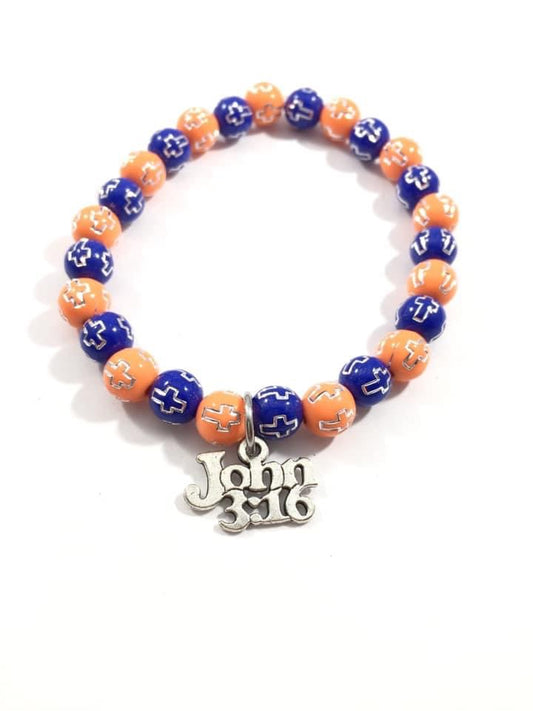 John 3:16 Charm Blue and Orange Cross Bead Bracelet