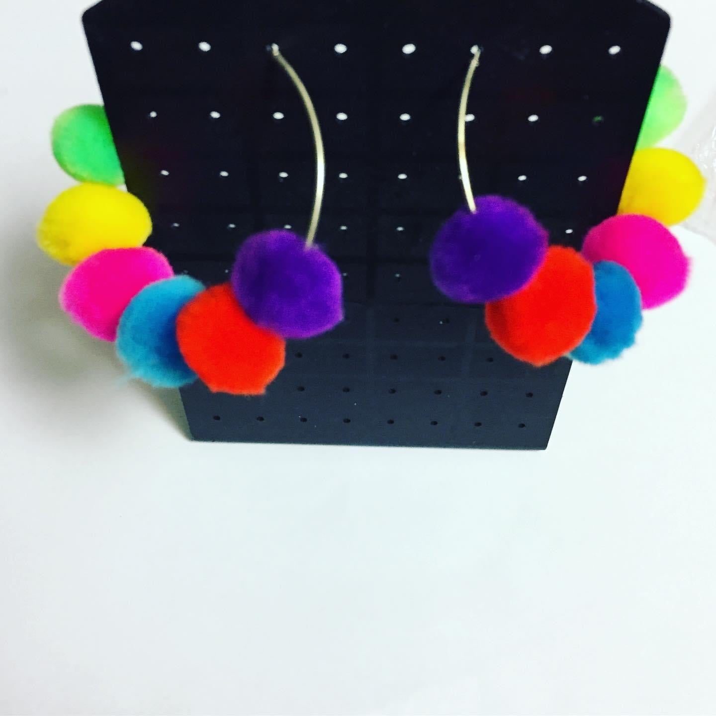 Rainbow Pom Pom Hoop Earrings