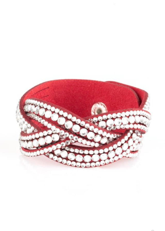 Red Suede Braided Rhinestone Cuff Bracelet